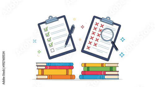 Educational checklists with check marks and crosses above stacks of books for student assessment and learning evaluation.