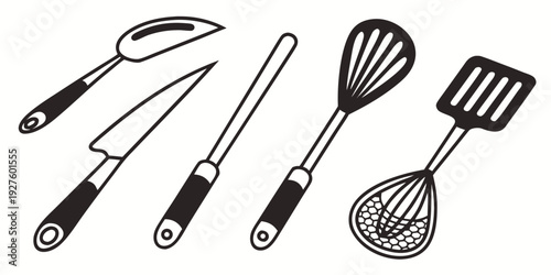 Assorted kitchen utensils including spatula, whisk, and tongs displayed on a white background Vector