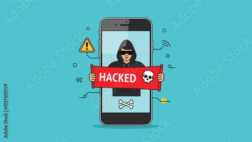 Hacker holding hacked banner inside smartphone screen with warning alert symbols for mobile cyber security breach.