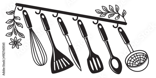 A variety of kitchen utensils hanging from a rack above a countertop Vector