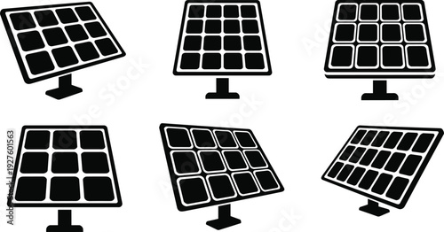 Solar panel silhouettes vector set, renewable energy technology icons isolated on white background, clean power generation concept for eco, green energy and sustainability design