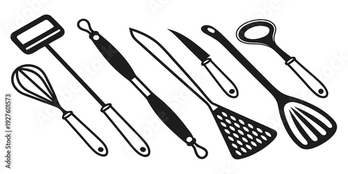 Assorted kitchen utensils displayed on a white background Vector