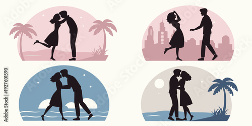 Silhouettes of people dancing under palm trees on a beach at sunset Vector