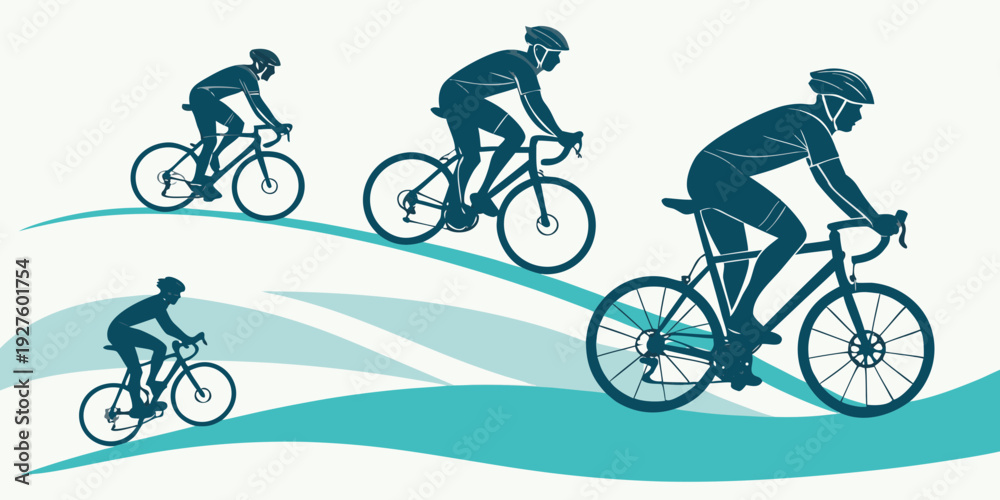Fototapeta premium Three cyclists riding on a winding road with a scenic mountain backdrop Vector