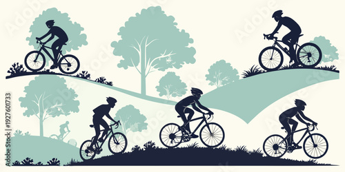 A group of people skiing and snowboarding down a snowy mountain slope with trees Vector