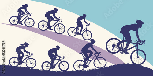 A group of cyclists riding down a mountain trail with scenic views Vector