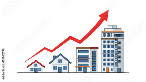 Red arrow moving upwards across rows of houses and office buildings representing real estate market growth.
