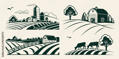 A picturesque countryside scene with farmhouses, fields, and a windmill Vector