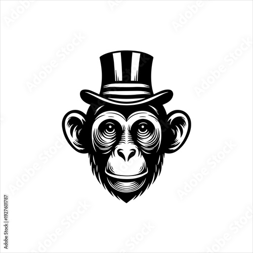 Circus monkey silhouette arranged as a playful black vector emblem design. Entertainment animal concept