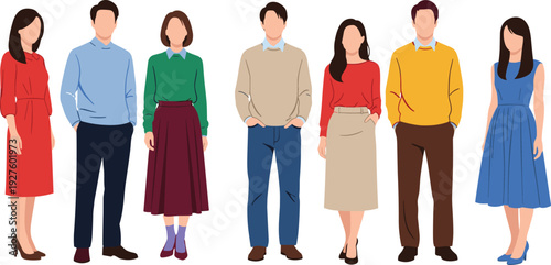 Diverse smart casual office outfits for men and women, colorful flat vector fashion illustration, dress sweater blazer trousers skirt professional lineup