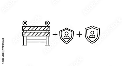 Construction barrier with security shields and person icons.
