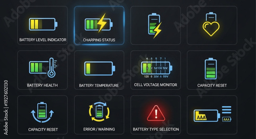 Various battery icons representing different charging states and health conditions on a dark background.