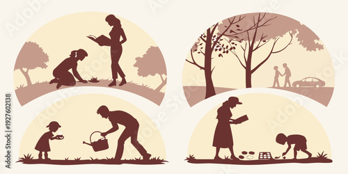 A captivating illustration of a family of elephants in a serene forest setting Vector