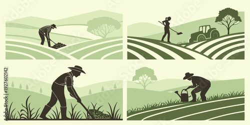 A historical illustration depicting the evolution of agricultural practices over time Vector