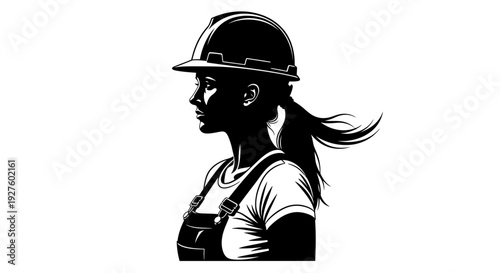 A female construction worker wearing a hard hat and overalls stands confidently outdoors.