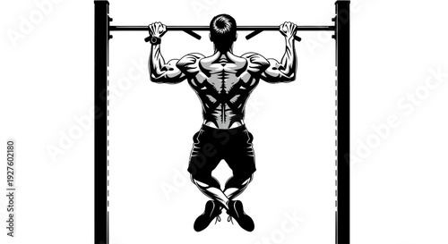 A muscular man performs pull-ups on a bar in a gym