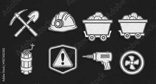 Mining tools and equipment illustrations on a dark background, industry concept.