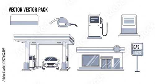 Gas station vector pack featuring various fuel pumps and a car.