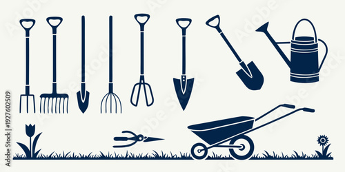 A variety of gardening tools and equipment displayed in a row. Vector