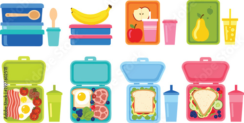 Colorful lunch boxes with meals, fruits, and drinks for school or work vector illustration