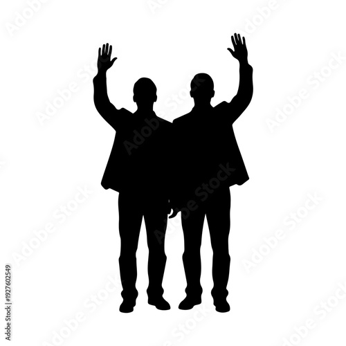 Silhouette of Two Men with Raised Hands.