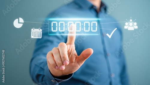 Man in blue shirt interacting with digital interface icons and timer  business technology concept