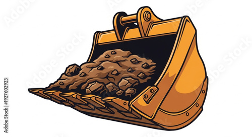 Close-up of a heavy-duty excavator bucket filled with dirt and rocks.