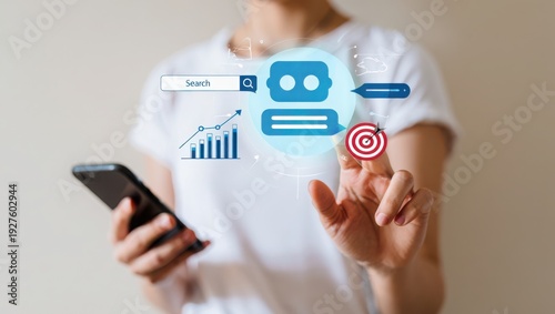 Woman interacting with digital interface while holding smartphone device in hand  technology and communication concept