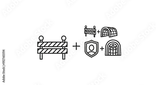 Construction barrier with shield and igloo icons representing security.