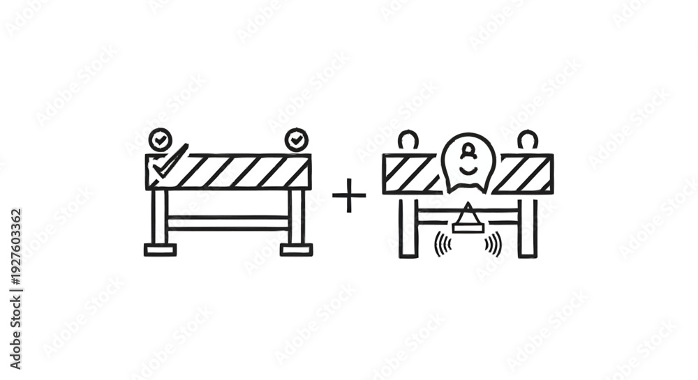 Fototapeta premium Construction barrier with social media icons and alert symbols.