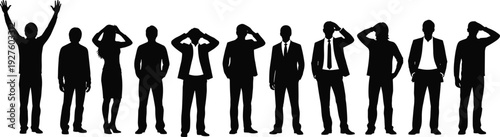 Large group of diverse business people silhouettes in various poses, victory arms raised, saluting hands on head, black isolated figures vector illustration.