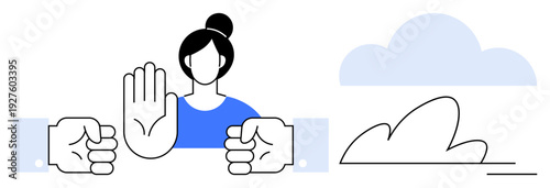Conflict resolution, mediation, nonviolence, negotiation, peace, communication. Person raising a hand to stop two fists. Concept of conflict resolution and mediation clearly
