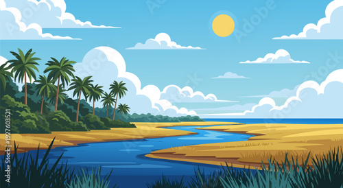 Tropical river vector illustration winding through lush palm-lined beach to ocean under sunny sky