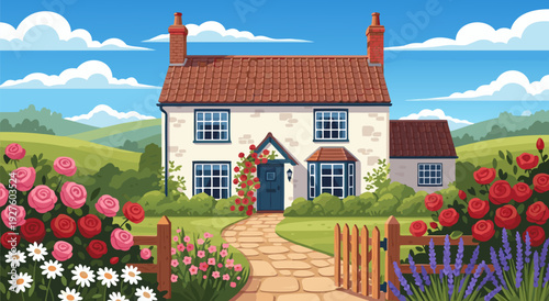 Whimsical vector illustration of a cozy white cottage amid blooming garden hills