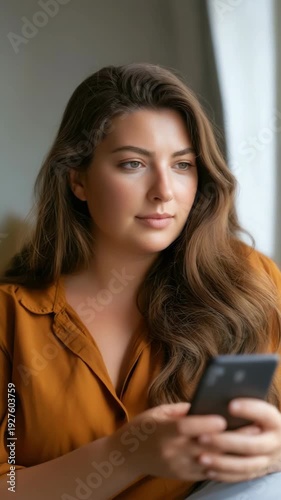 Young caucasian woman using smartphone at home, relaxed in natural light
