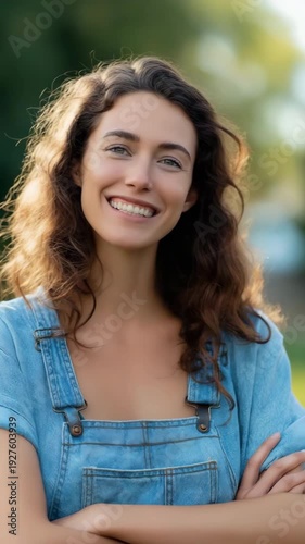 Smiling young caucasian female in denim overalls outdoors