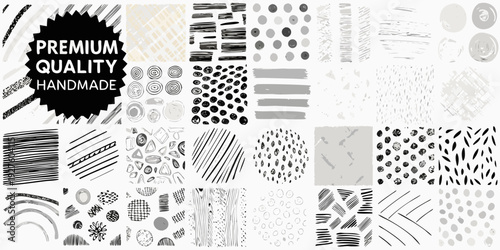 Assorted handmade brushstrokes and patterns in grayscale with text overlay