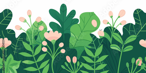 Stylized floral border featuring green leaves and delicate pink blossoms