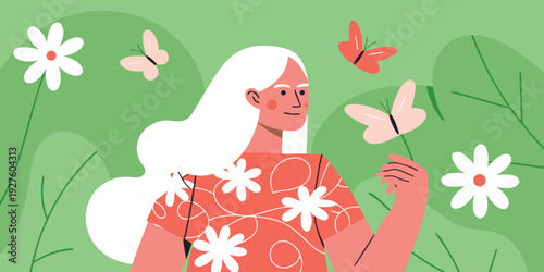 A woman with long white hair surrounded by butterflies and flowers