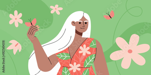 A serene woman with long white hair interacts with butterflies and flowers