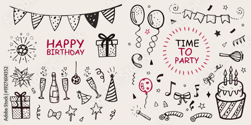Hand drawn birthday illustrations with festive elements and celebratory text