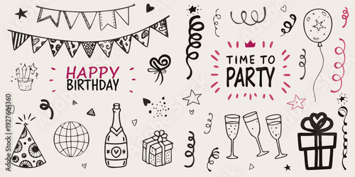 Hand drawn birthday decorations including balloons gifts and celebratory text