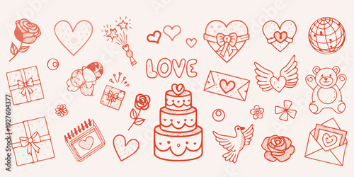 A collection of hand drawn love and celebration themed doodles