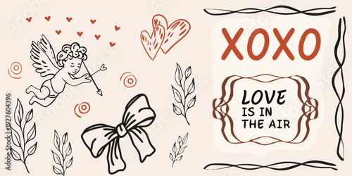 A whimsical illustration of love with a cupid hearts and ribbon