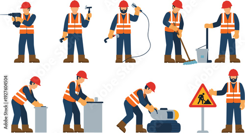 Construction Workers Using Tools and Equipment on Worksite with Safety Gear and Warning Sign