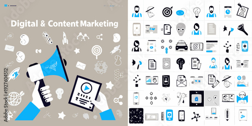 Digital and content marketing icons arranged in a colorful illustrative layout