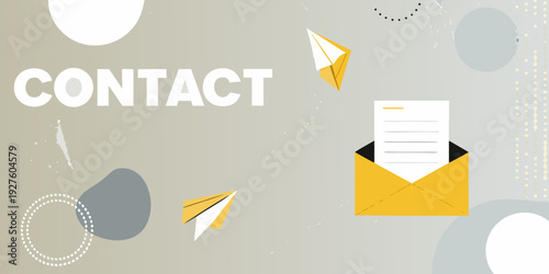 Contact information displayed with paper airplanes and an open envelope