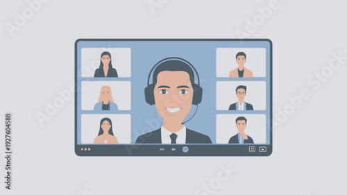 A smiling businessman in a suit and headset participates in a virtual meeting with multiple colleagues on a computer screen