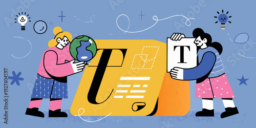 Two people collaborating on a large letter t puzzle with lightbulbs