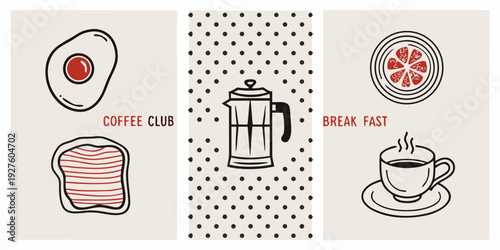 Stylized breakfast illustration featuring coffee eggs and toast